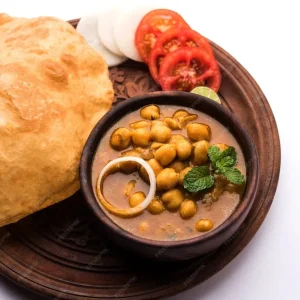 Cholay Bhature Thali I (2 Bhature, Lahori Chana, Potato Tarkari,  Halwa & Achar) For 1 person